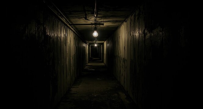 Faintly illuminated basement passage invoking an ominous underground sewer setting