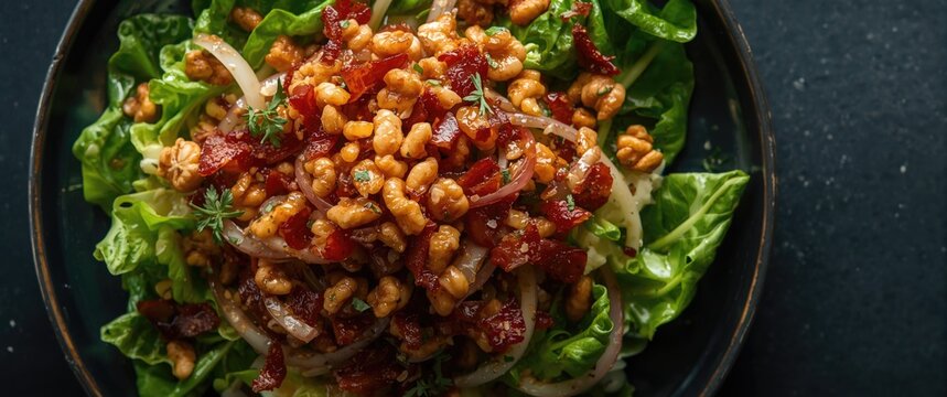 Overhead image of escarole salad garnished with crispy bacon caramelized onion and crunchy walnuts