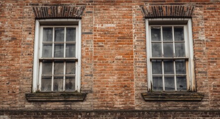Fototapeta premium Aged brick facade featuring antique windows showcasing historic urban architecture and wear