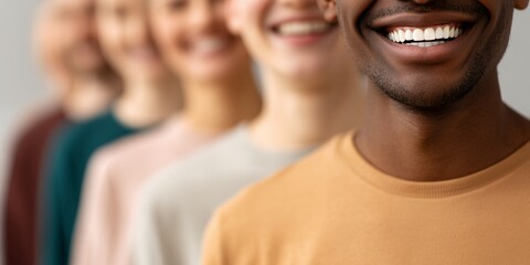 Fototapeta premium Close up of happy diverse creative designers smiling in a row with focus on African American man, concept for human resources recruitment, multiethnic business teamwork and dental care clinic