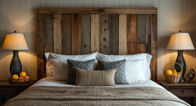 bedroom with a reclaimed wood rustic headboard and artistic fruit baskets placed as bedside tables
