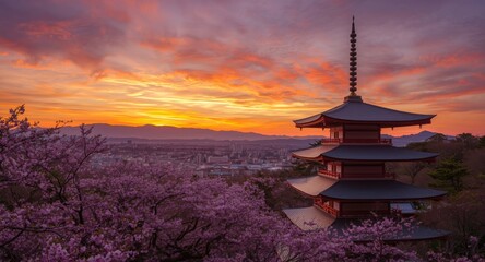 Fototapeta premium Cherry blossom filled scene highlighting a pagoda and mountainous sunset sky