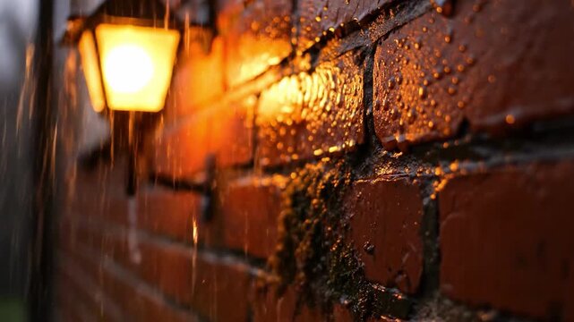 A moody scene of a brick wall illuminated by a warm lantern light during a rainstorm. Perfect for conveying a sense of atmosphere, nostalgia, or urban