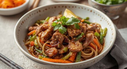 Fototapeta premium Delicious stir-fried noodle bowl blending seasoned meat and garden fresh vegetables