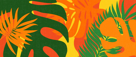 Bold Tropical Monstera and Palm Leaves in Green, Orange, Yellow, and Red Overlapping on Dark Textured Background © Jen