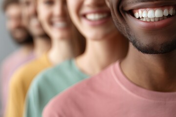 Fototapeta premium Close up of diverse creative agency employees and marketing managers smiling in a line, concept for dental health marketing, team unity campaign and human resources promotion