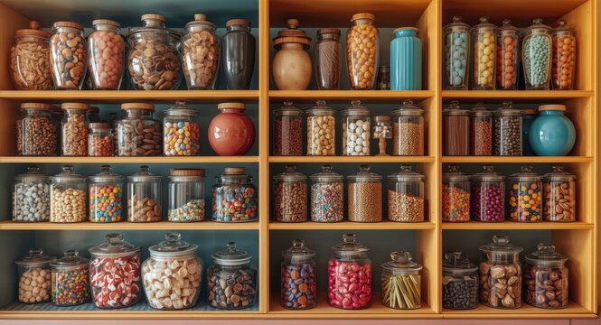 A vibrant shelving unit showcasing assorted candy jars in multiple shapes and sizes