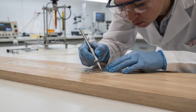 Technician carefully applying adhesive to a wooden surface in a bright lab setting evaluating bond durability and curing time during experimental testing.