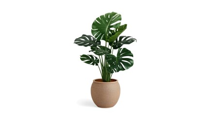 Obraz premium Monstera houseplant in a decorative pot with tropical foliage isolated on a white background