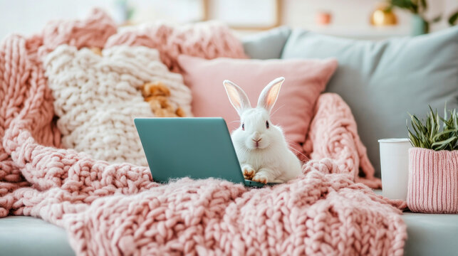 Adorable fluffy white rabbit intently 'working' on teal laptop, nestled comfortably amidst chunky pink and cream blankets on cozy pastel-toned sofa, capturing heartwarming and whimsical moment of