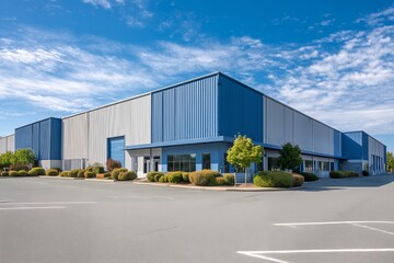 Obraz premium Modern blue and grey industrial warehouse building with green landscaping under clear blue sky, concept for logistics management, industrial real estate and supply chain hub