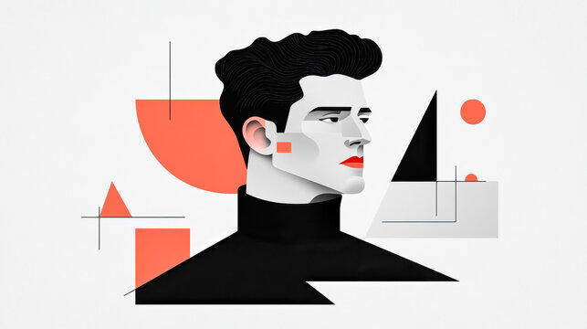 Striking minimalist geometric portrait of man with stark angular features and distinctive hairstyle, set against clean white background with abstract coral and black shapes, evoking modern art and gra