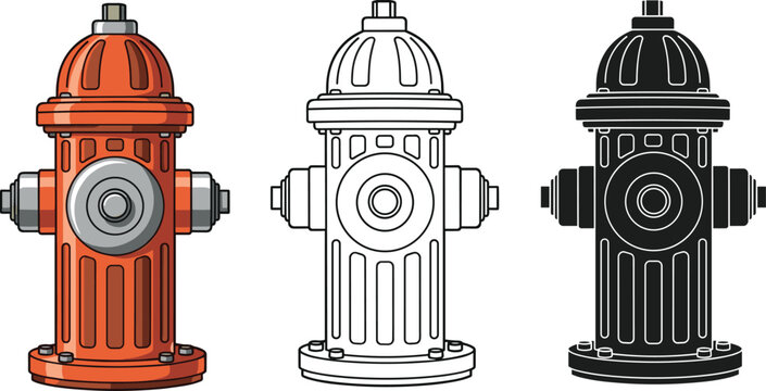 Red Fire Hydrant Vector Illustration Set Featuring Flat Color Line Art and Black Silhouette Icons Isolated on White Background for Safety