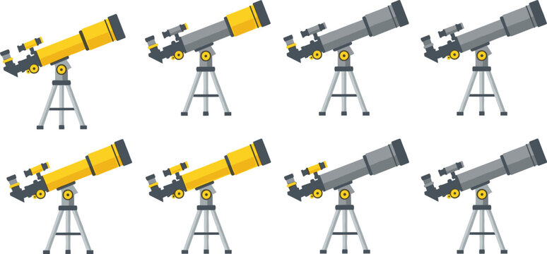 Set of professional yellow and grey refractor telescopes on tripods for astronomy education space exploration celestial observation and stargazing hobby icons