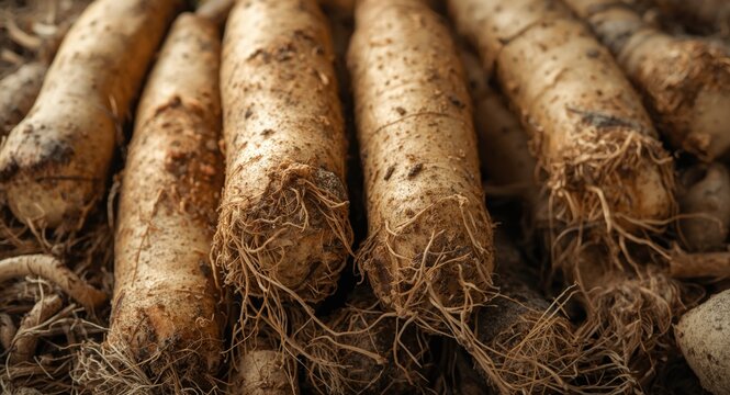 Raw malanga tubers with soil remnants and root fibers visible
