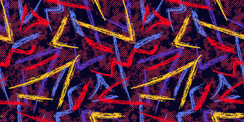 Abstract sporty seamless pattern. Urban street art style background with ink paint spots, brush strokes, lines. Vector grunge graffiti pattern. Red, blue, yellow, purple color. Trendy texture design © Olgastocker
