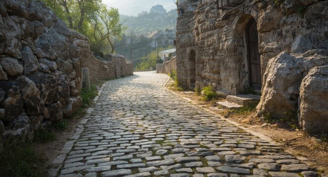 Scenic old stone street displaying detailed cobble patterns with textured flooring in a rugged rocky setting
