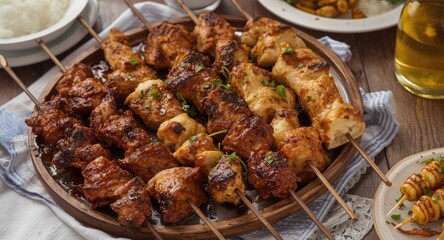 Fototapeta premium Lebanese cuisine platter with juicy shish taouk chicken and mutton skewers