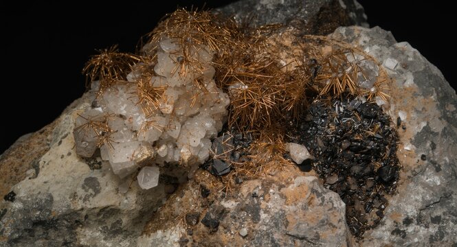 Barite and vanadinite crystal minerals nestled on a weathered stone rock geology sample