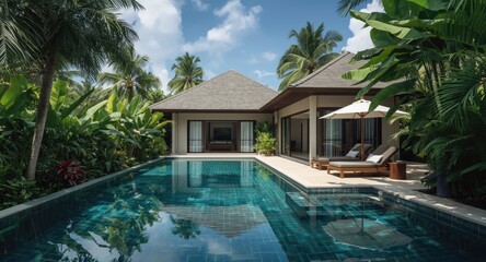 Fototapeta premium Luxury pool villa surrounded by lush tropical foliage and hovering balloon