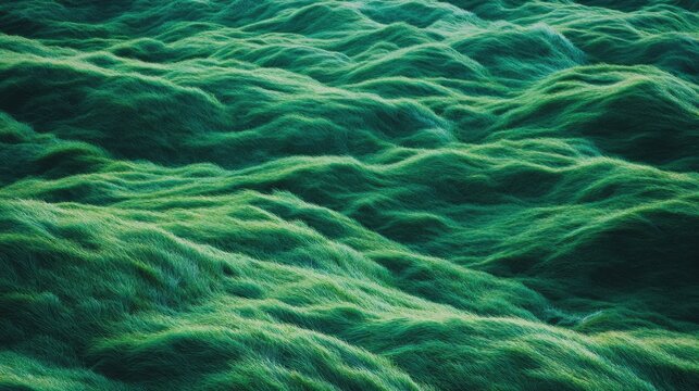 Captivating abstract landscape showcasing vast expanse of lush, undulating emerald green texture resembling soft grass or fur, creating serene and flowing organic pattern.
