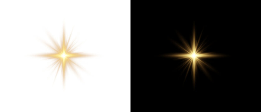 Yellow star flashed with sparkles sun isolated on white background. Soft glow without departing rays, sunlight with lens flare effect. PNG vector light effect.
