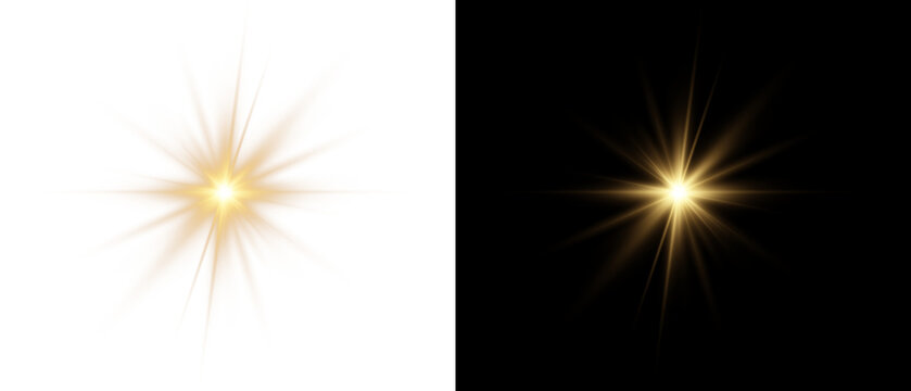 Star PNG burst with golden light and glowing sun rays, bright flare and sparkle overlay on transparent background.	
