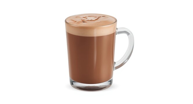 Glass mug filled with hot chocolate on white background with clipping path