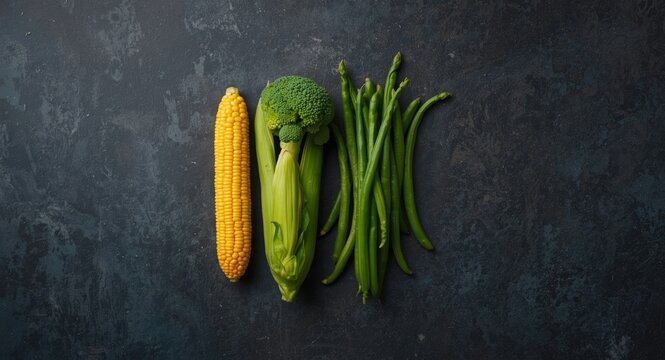 Fresh tender broccolini baby corn and green beans placed on a bold textured backdrop showcasing healthy produce