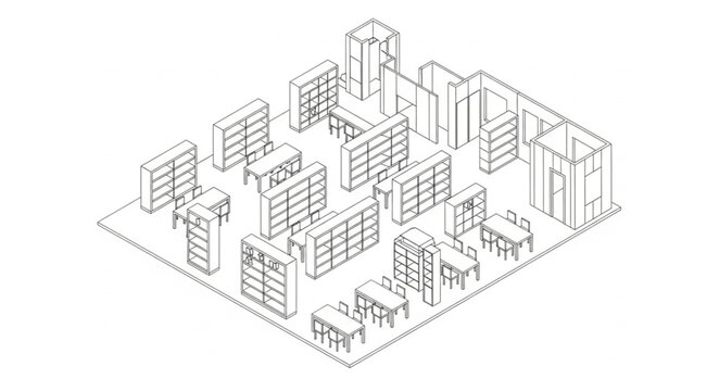 Isometric view of a library interior with bookshelves and reading areas.
