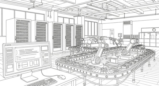 Detailed sketch of a modern office interior with a central workstation and surrounding elements.