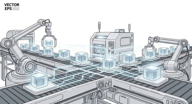 Automated factory line with robotic arms and conveyor belts for efficient production processes.