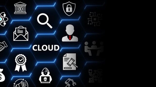 Cloud computing concept with search and security elements for data storage management and digital network operations in modern business systems 4k animation video