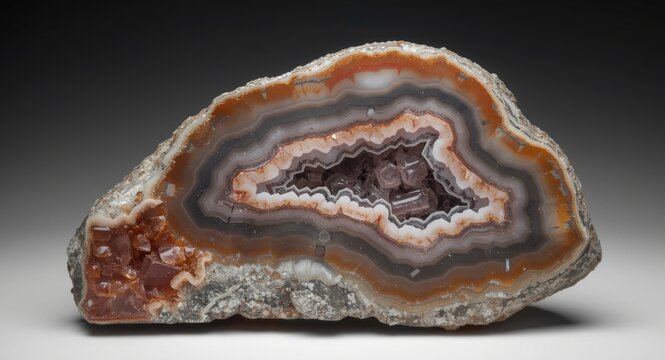 Mineral specimen featuring rhyolite matrix and multi layered thunderegg agate