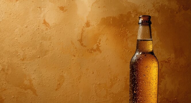 Refreshing beer bottle sweating droplets on a textured smoky backdrop