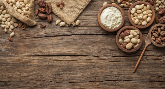 Shea butter and nut spread on textured timber with ample copy space