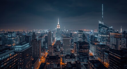 Obraz premium High tech urban vista with towering illuminated buildings at night