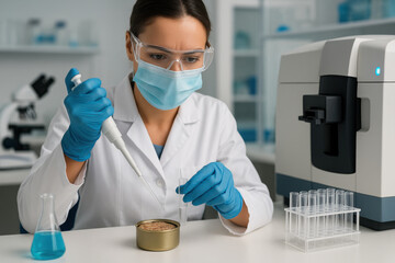 Fototapeta premium Focused female scientist in clinical laboratory conducting food contamination research on canned tuna sample. chemist performing heavy metal analysis with pipette