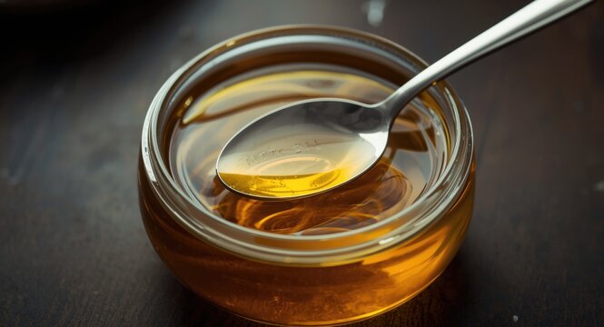MCT oil from coconut in round glass vessel with spoon illustrating triglyceride content
