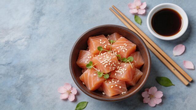 Fresh salmon poke bowl with sesame seeds and microgreens soy sauce chopsticks cherry blossoms top view Japanese cuisine healthy food seafood gourmet blue background copy space