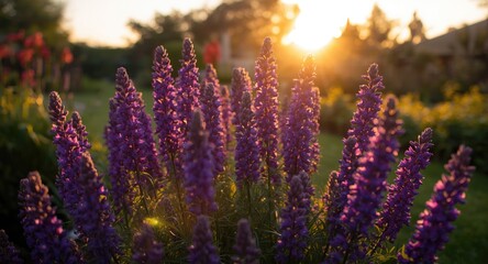 Obraz premium Bright purple flowers flourishing joyfully in garden at summer sunrise