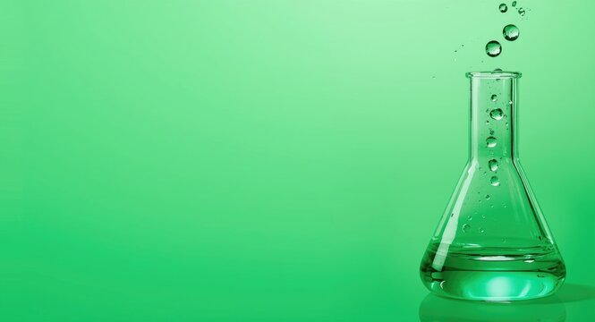 Green background banner with chemistry and science education text and lab glass flask containing fluid
