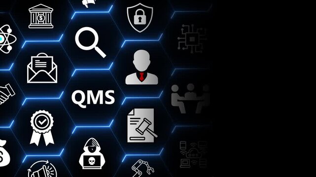 Quality management system concept with document and user elements for process control compliance and performance monitoring in modern business environments 4k animation video