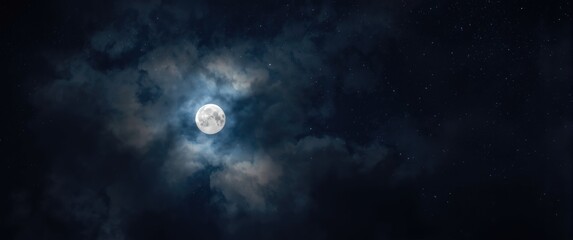 Full moonlight filtering through gauzy clouds under a vast dark starry sky © vxnaghiyev