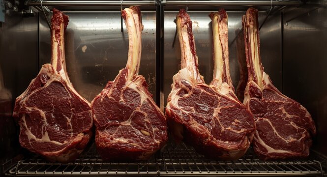 Dry aged steak cuts with bones in a temperature controlled restaurant refrigeration