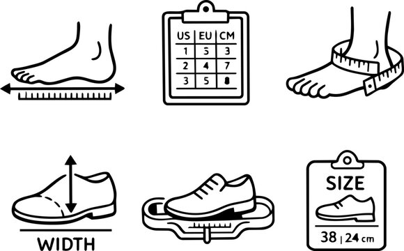 Shoe size measurement foot scale line icons. Vector