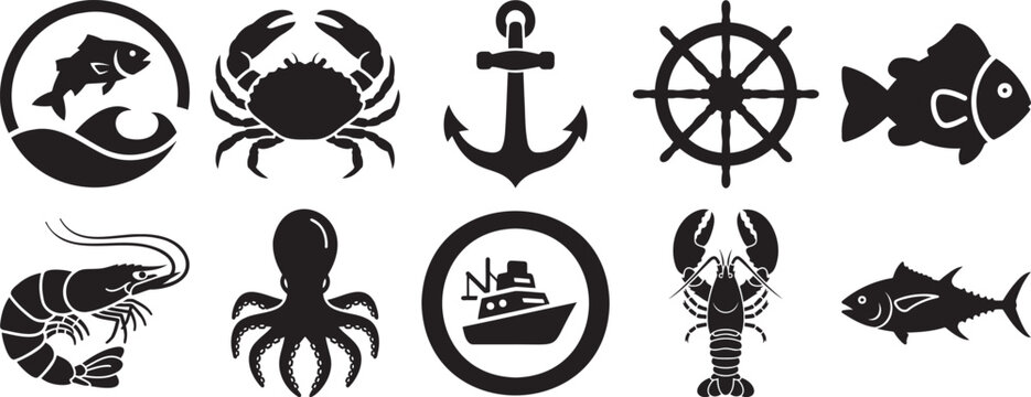 Marine life and nautical icon set with fish crab shrimp octopus lobster anchor ship wheel and boat symbol