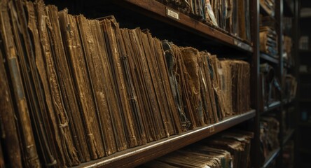 Folder holding disordered ancient paper files on a shelf suitable for copy space