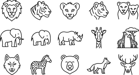 outline animal icon set, vector collection of wild mammals including lion tiger elephant giraffe zebra and others isolated on transparent background © Yehor
