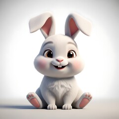 Fototapeta premium A cute cartoon white rabbit with rosy cheeks and a big smile sitting on a plain light background.